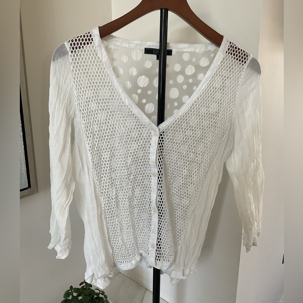 ***Cativa  White Mesh V-Neck Polka Dot Button Cardigan.